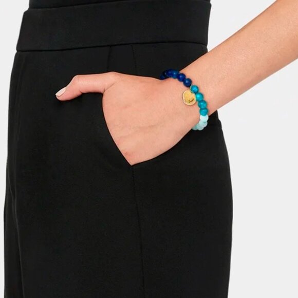 Blue Stretch Bracelet with Gemstones and 14K Gold Dipped Cubic Zirconia Charm - Picture 3 of 6